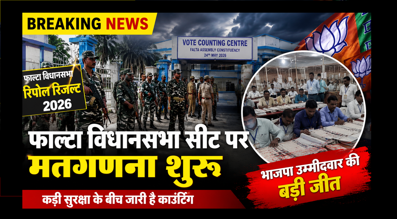 पश्चिम बंगाल के फाल्टा विधानसभा क्षेत्र में मतगणना केंद्र के बाहर तैनात सुरक्षा बल