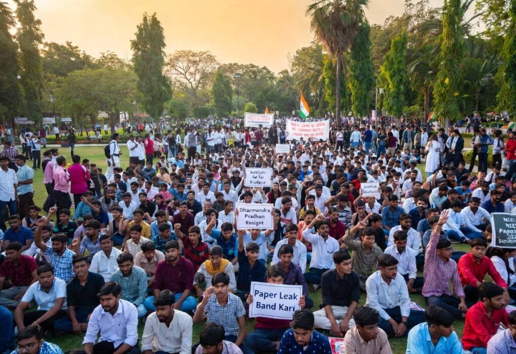 लखनऊ इको गार्डन में छात्रों का पेपर लीक के खिलाफ धरना प्रदर्शन 12 जून 2026